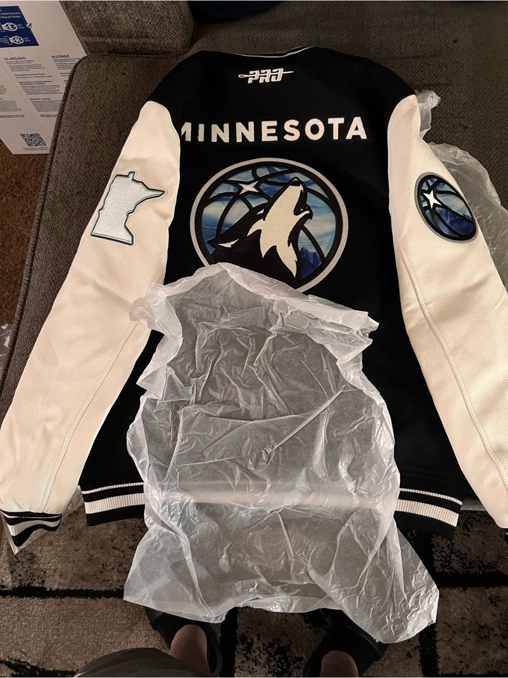 Minnesota TimberWolves Men’s Black and White Pro Standard Varsity Jacket